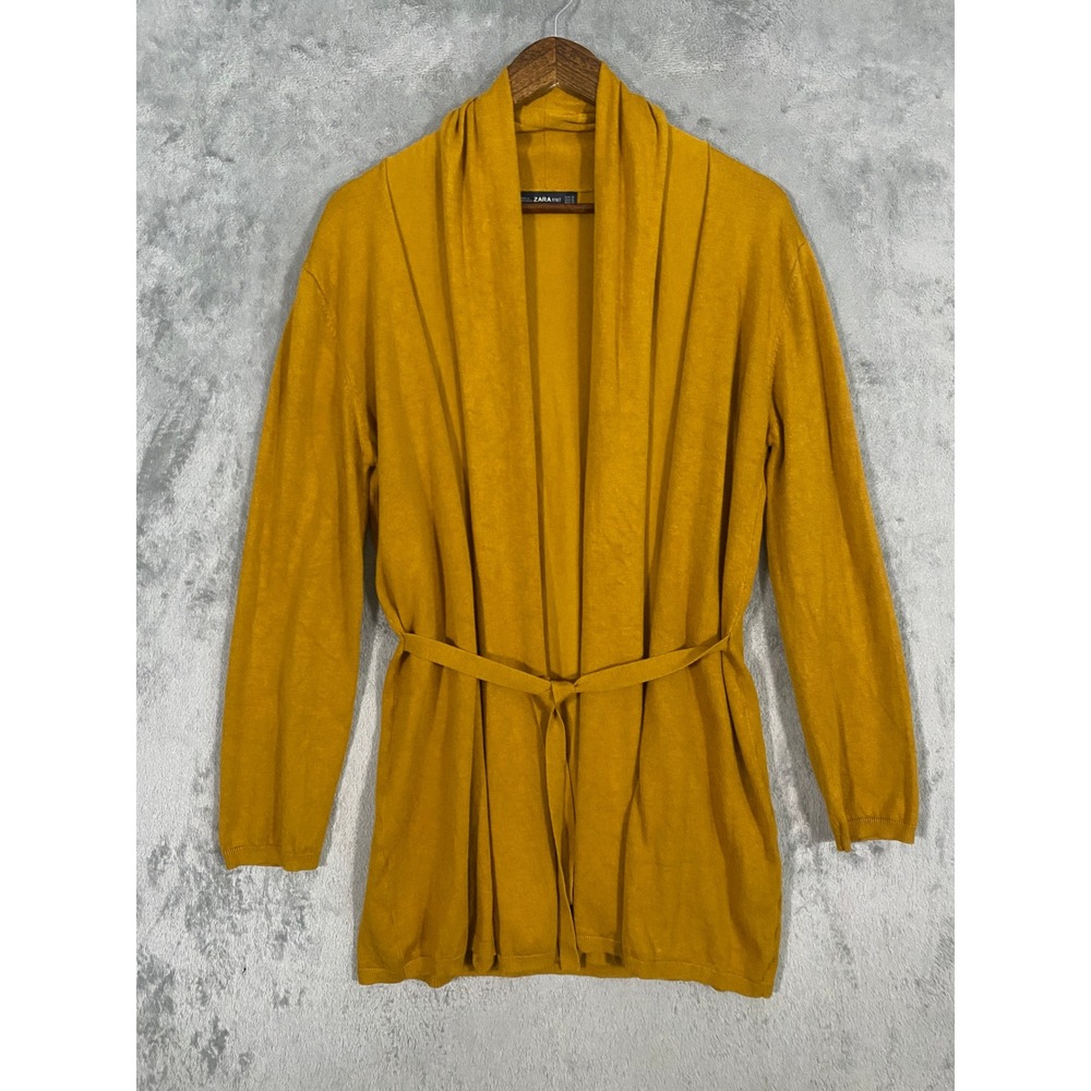 Zara Cardigan XL Mustard Yellow Knit Shawl Collar Open Front Belted Long Sleeve